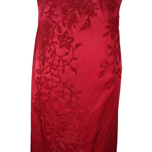 Vintage 90s Red Beaded Stretch Satin Formal Gown Square Neck Sz 10 - Picture 10 of 14